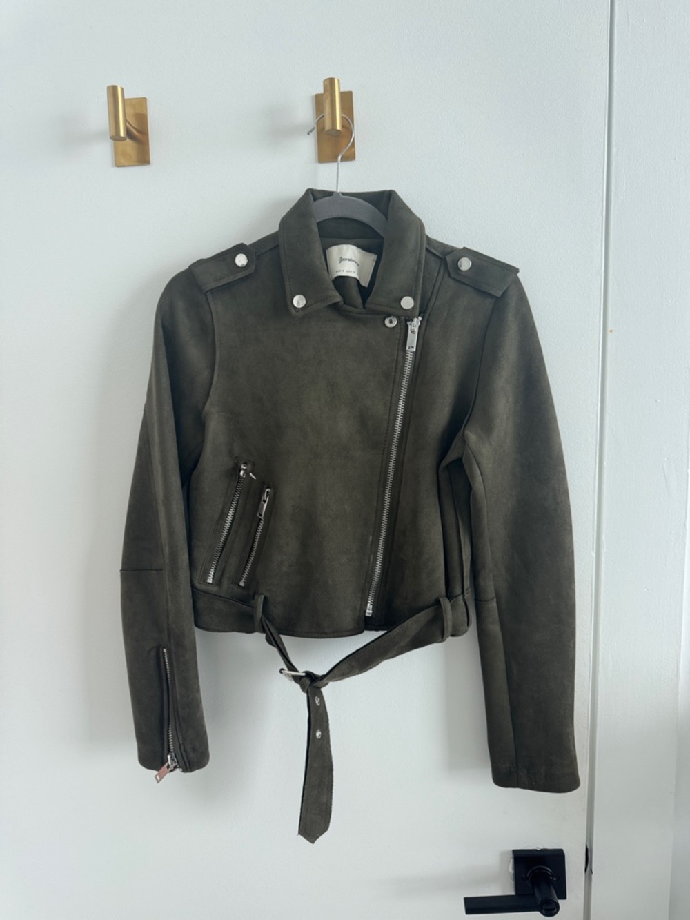 stradivarius Olive Suede Asymmetric Moto Jacket